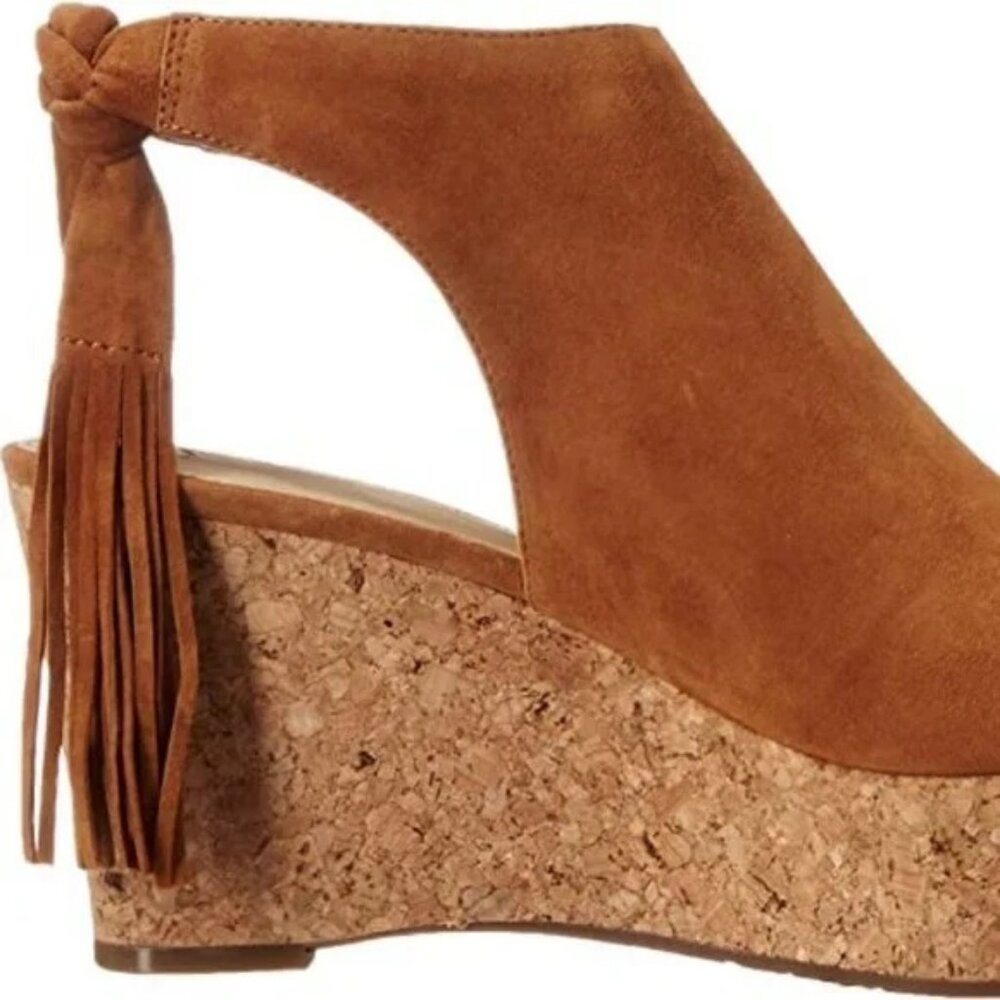 NEW IN BOX MARC FISCHER SUEANN WEDGE SANDAL COGNAC SUEDE FRINGE TIE BACK SZ 7.5 - Picture 7 of 10